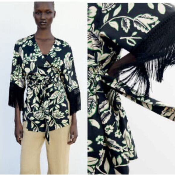 Zara Fringe Printed Kimono Floral Jacket Size XS/ Small - Picture 1 of 6